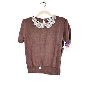 Retro Knit Sweater Brown M Floral Lace Preppy Cottagecore Feminine Classic Chic